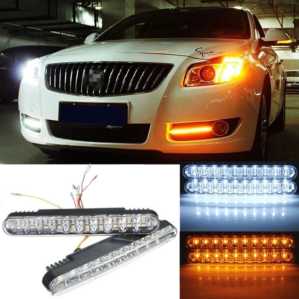 12V LED Daytime Running Lights with Amber Turn Signal - 2 Pack