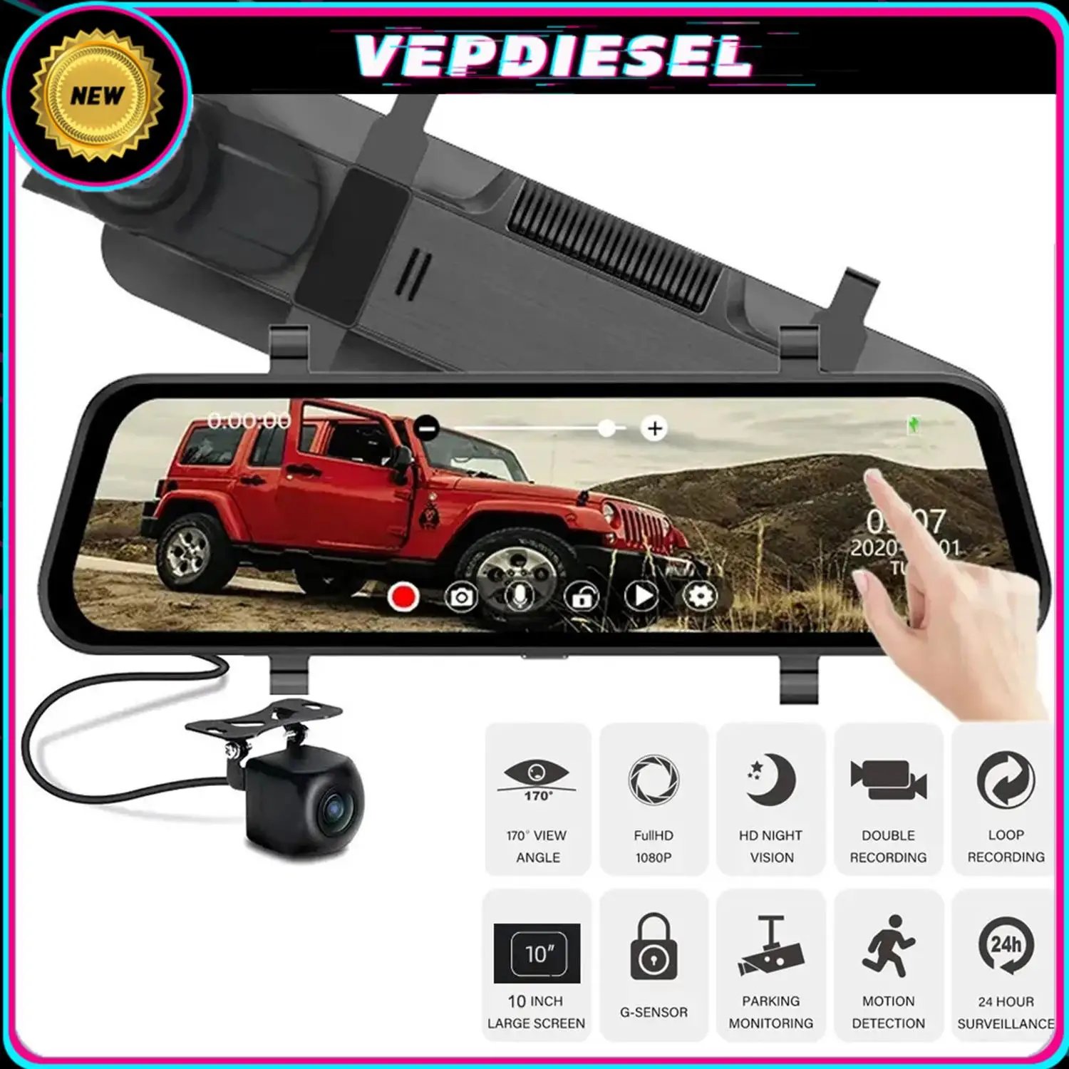 1Set Streaming Rearview Mirror Night Vision Car DVR Dash Cam 10" Touch Screen HD 1080P/30FPS 2 Cameras(Front/Rear) For 12V Car