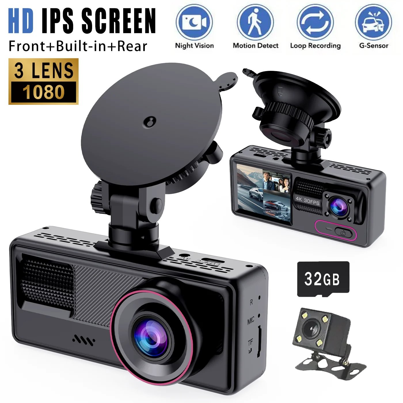 3-Channel 1080P Dash Cam with 32GB Card - Front, Inside, Rear