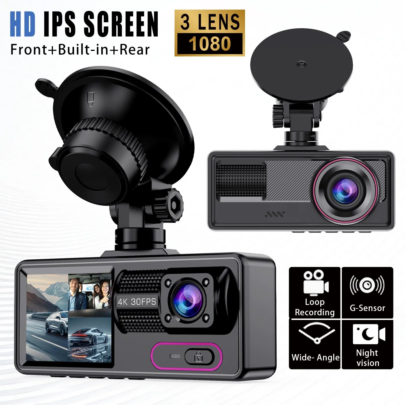 3-Channel 1080P Dash Cam with 32GB Card - Front, Inside, Rear