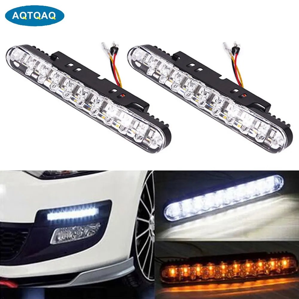 AQTQAQ 2Pcs/Set 12V Car 30 LED Daytime Running Light Daylight White DRL Amber Turn Signal Driving Lamp Strip Kit