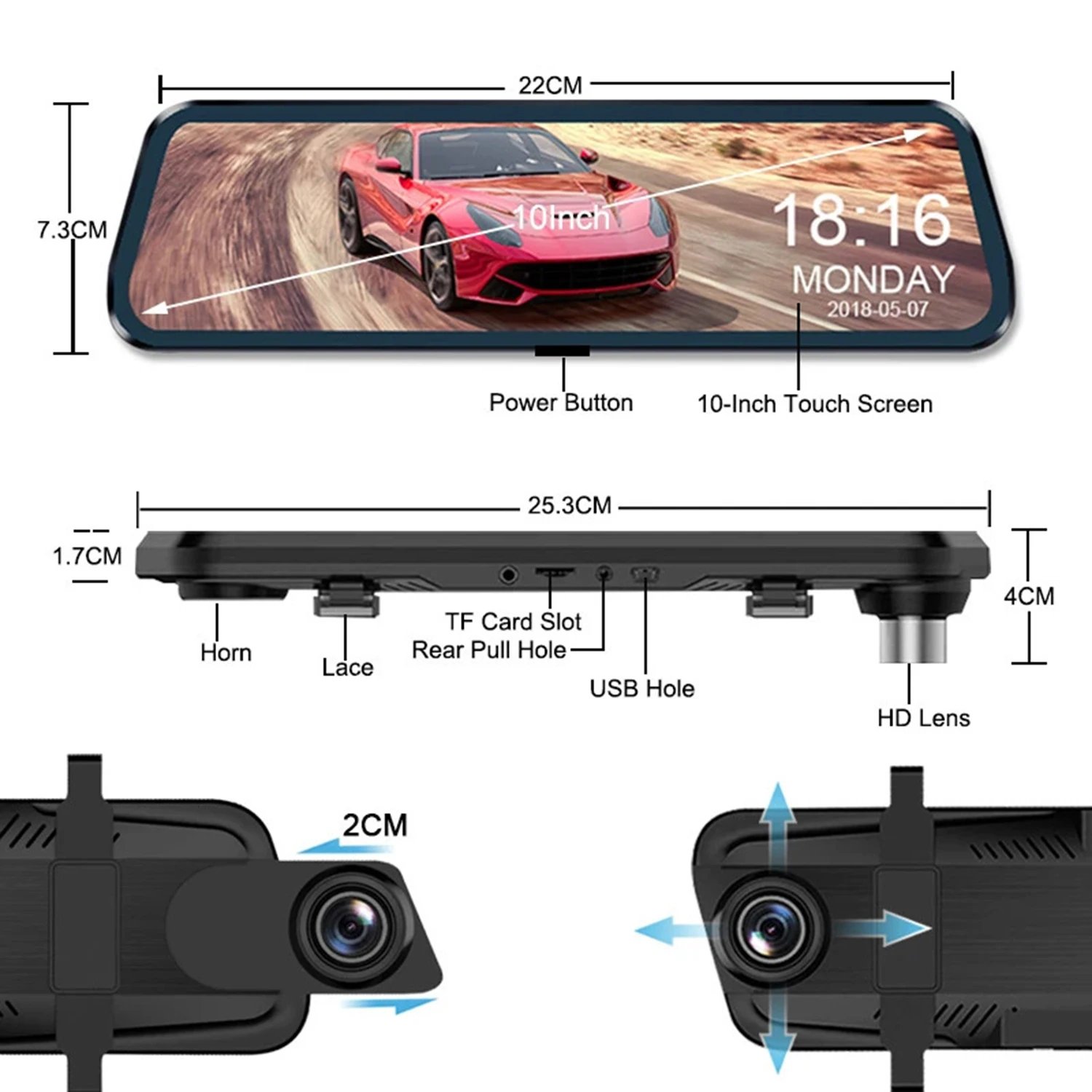 Dual Lens HD 1080P Car DVR Dash Cam with Night Vision 10" Screen