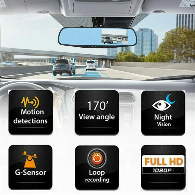 FHD Dual Lens Mirror Dash Cam with Night Vision & Parking Mode