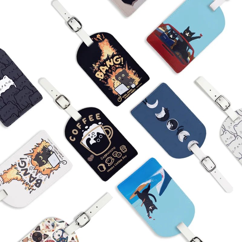 Luggage Tags with Privacy Cover PU Leather Cruise Ship Waterproof Tag cute humorous cat Suitcase Tags for Men Kids Women