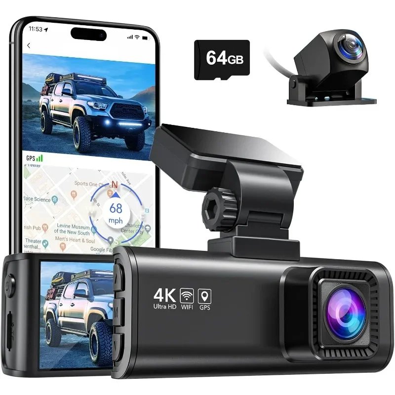 Premium Dual Dash Cam 4K/2.5K Front & 1080P Rear with 64GB Card