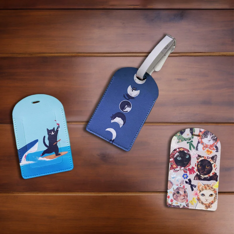 Waterproof PU Leather Luggage Tags with Privacy Cover - Cat Design