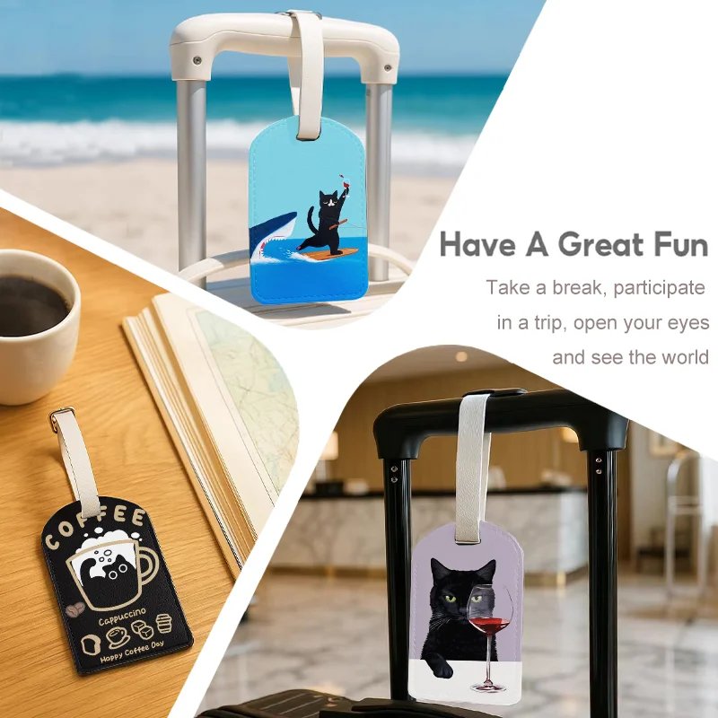 Waterproof PU Leather Luggage Tags with Privacy Cover - Cat Design