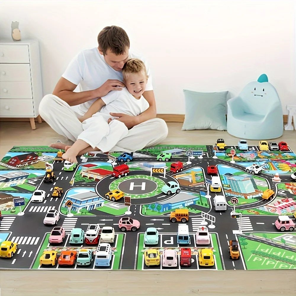 Large Waterproof City Traffic Play Mat for Kids' Toy Cars