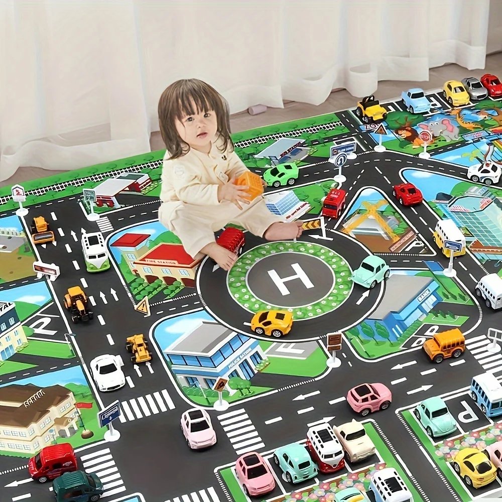 Large Waterproof City Traffic Play Mat for Kids' Toy Cars