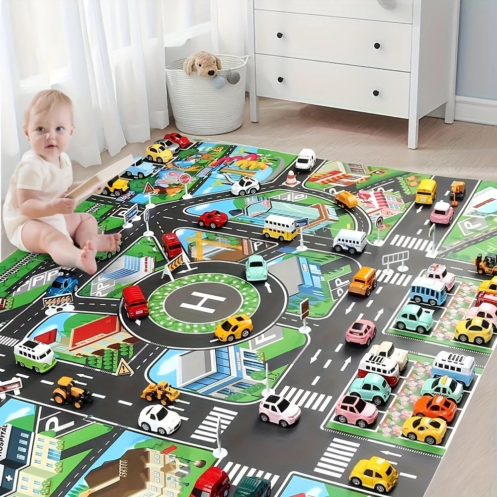 Large Waterproof City Traffic Play Mat for Kids' Toy Cars