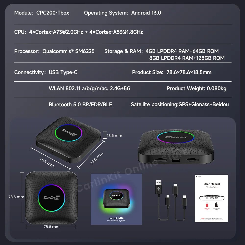 Carlinkit Android 13 TV Box - 8GB RAM, 128GB Storage, Wireless CarPlay & Android Auto