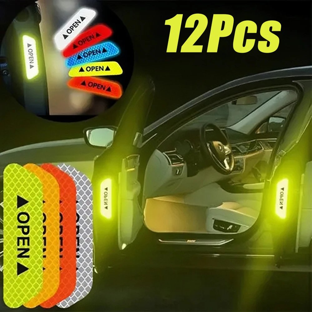 12Pcs Reflective Car Door Sticker Safety Opening Warning Reflector Mark Tape Decal Car Styling Decor Car Exterior Accessories