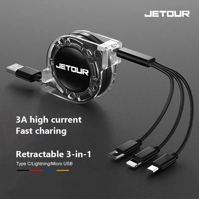 3 In 1 Car Fast Charging Cable Auto Emblem Telescopic Charger For Jetour X70 X90 X70S PLUS Dashing X-1 X95 L6 i-DM Accessories
