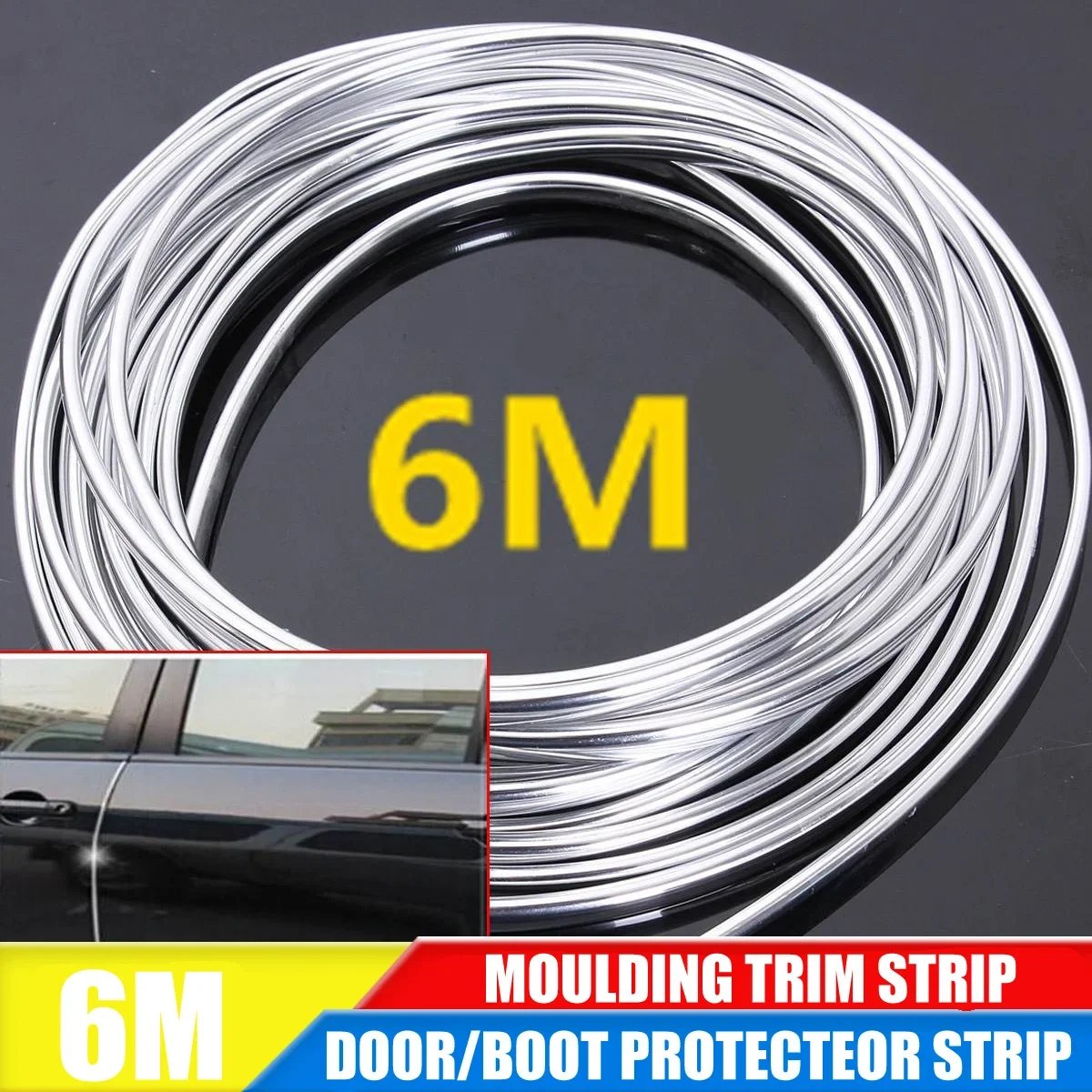 6M Car Door Chrome Moulding Trim Strip Edge Scratch Guard Protector Cover Strip Roll Chrome Styling Moulding Trim Strip