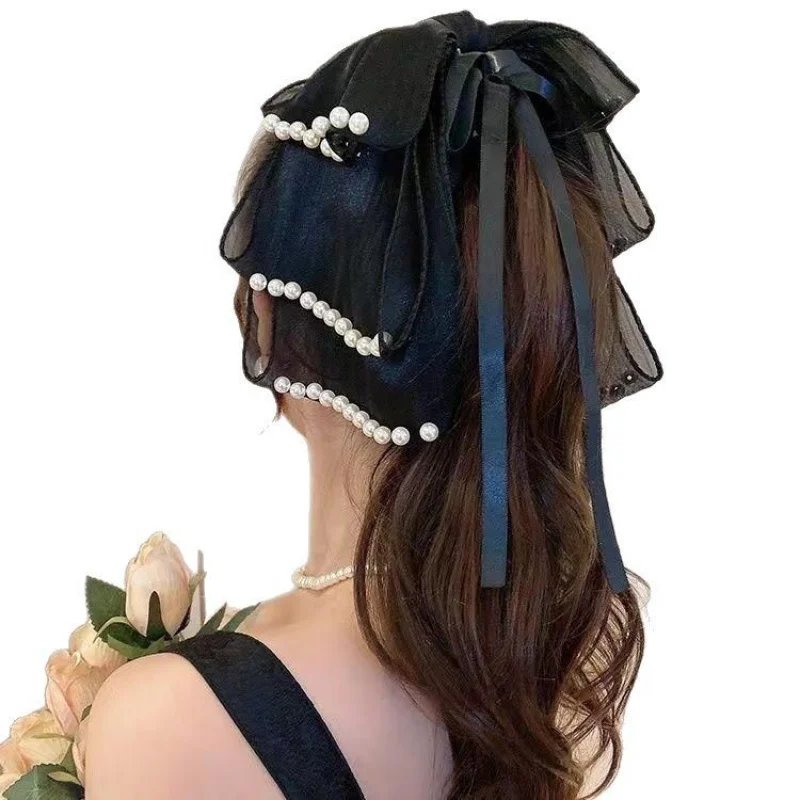 Beaded Ribbon Bow Shark Clip for Women's Ponytail Hair Style
