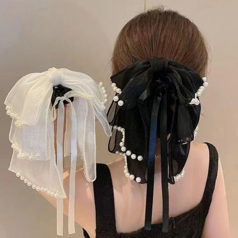 Women's Hair Accessory Beaded Ribbon Bow Shark Clip for Ponytail